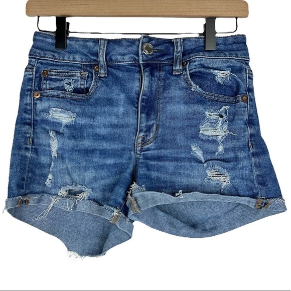 AMERICAN EAGLE Hi Rise Shortie Jean Shorts Distressed Cut Off Super Stretch 4 - Picture 8 of 8